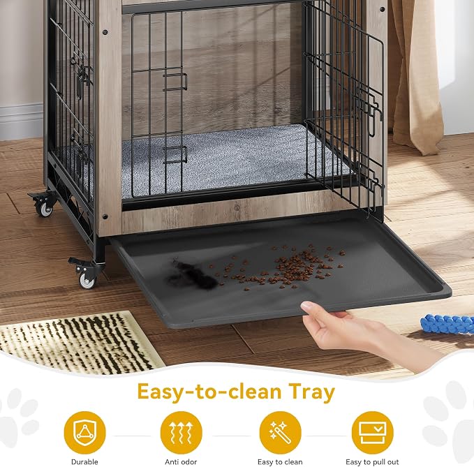 DWVO 27" Dog Crate Furniture with Wheels, Cushion & Tray | Dog Kennel Indoor End Table for Small Dog, Grey