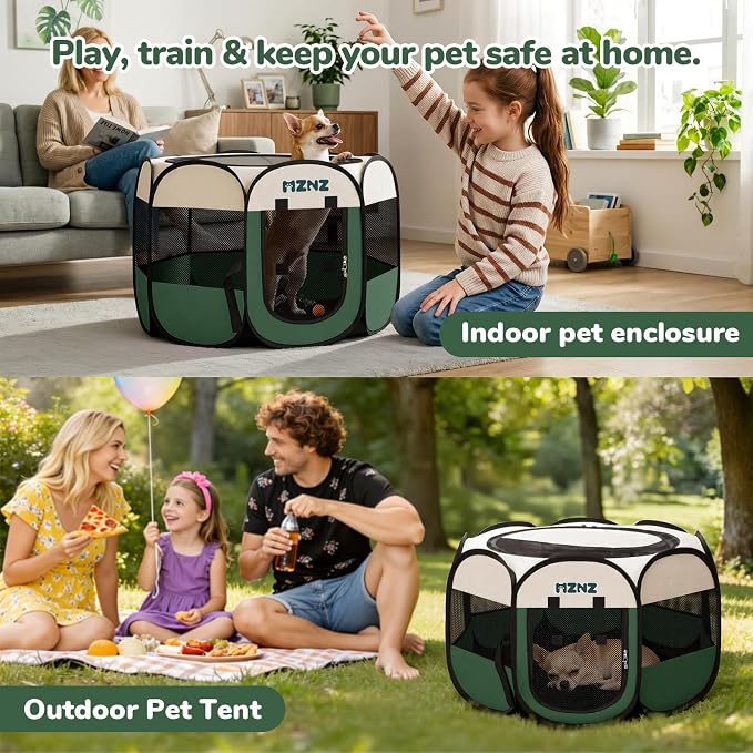 Dog Cat Small Animal Puppy Playpen Crate, Small, Dark Green | Portable Pop Up Pet Cage Enclosure Tent Kennel Indoor Outdoor with Carrying Case, No Assembly, Camping Use