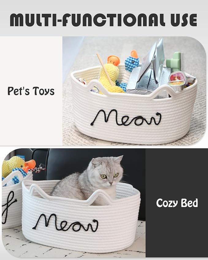 Sea Team Cat Toy Storage Basket with Handles and Ears, White Meow | Large Cotton Rope Storage Bin, Shelf Basket, Organizer for Pet Chew Toys, Foods, 16.5 x 11 x 7 Inches, 4.4 Gallons