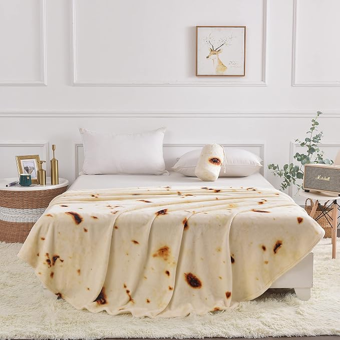 Bnuitland 80 Inches Tortilla Burritos Pattern Blanket, 300 GSM Double Sided Giant Flour Novelty Taco Funny Realistic Food Blanket for Adults, Super Soft Flannel for Bed