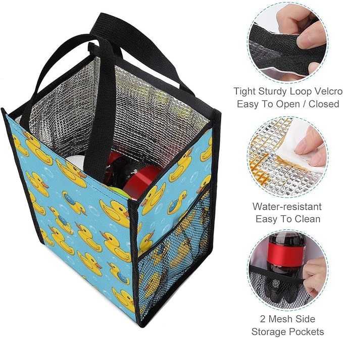 Insulated Lunch Bag Compatible with Cute Funny Blue Bubbles Yellow Rubber Ducks, Reusable Thermal Lunchbox Totes with Pocket Portable Lunch Organizer Cooler Bags