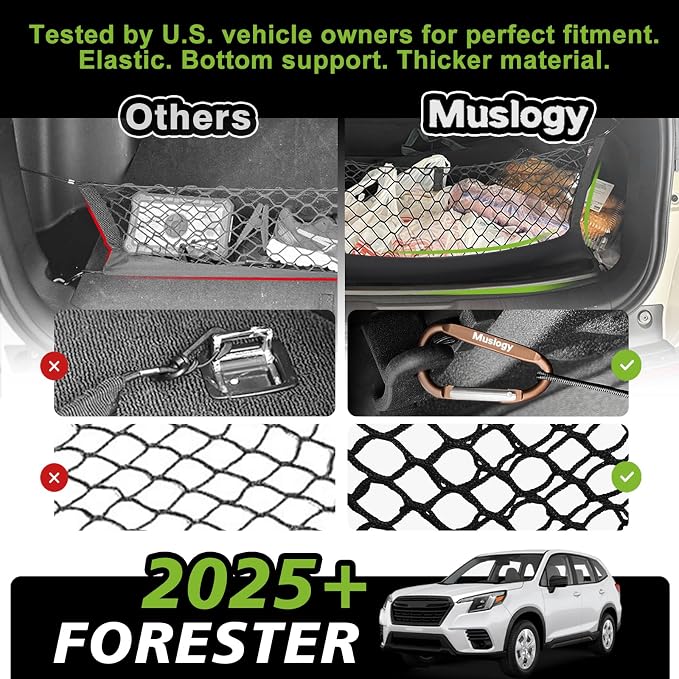Muslogy Cargo Net for 2025 2026 Subaru Forester SK Accessories | Custom Fit, Trunk Storage Organizer Net for SUV Sedan Van Divider, with Heavy Duty Carabiners, Night Visible Grab Handle