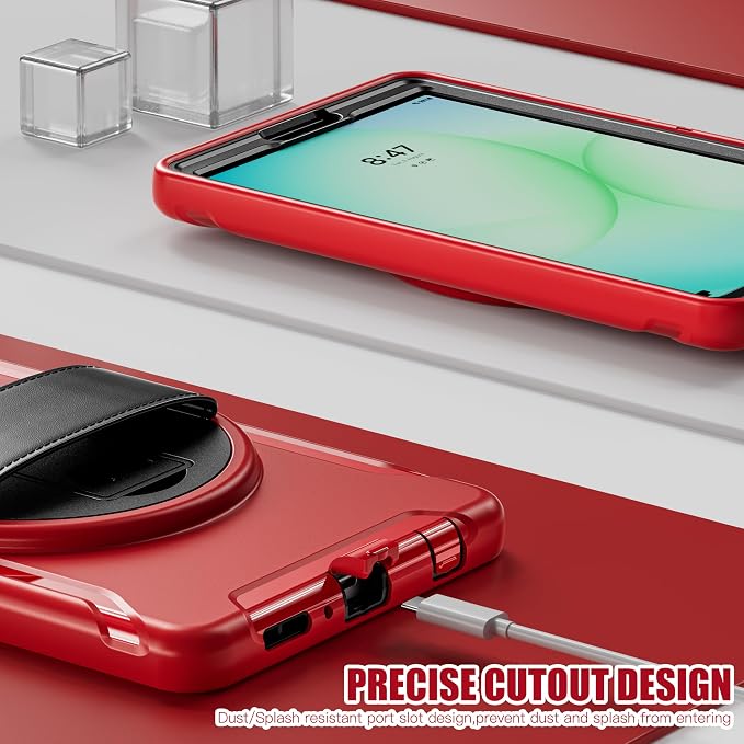 for Samsung Galaxy Tab A11 (2025) 8.7 inch Case 5G with Screen Protector, Hand Strap, Pen Holder & 360° Rotating Stand,Shockproof Protective Cover for SM-X130/X133/X135 (Red)