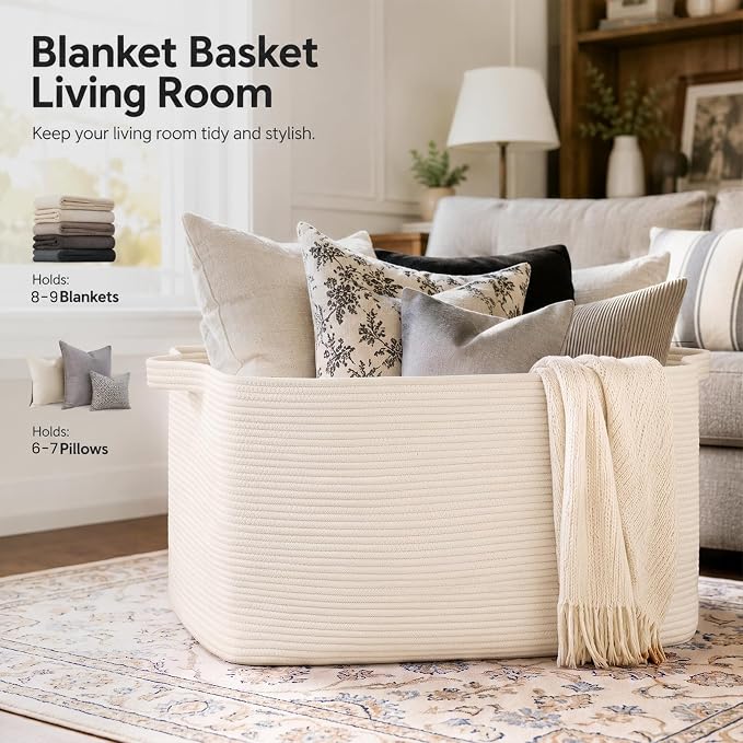 OIASKET 108L Extra Large Blanket Basket Living Room, 24.8" x 16.2" x 16.2" | Rectangle Woven Laundry Hamper, Nursery Blanket Storage Living Room, Toy Storage With Handle, Large Baskets for Organizing