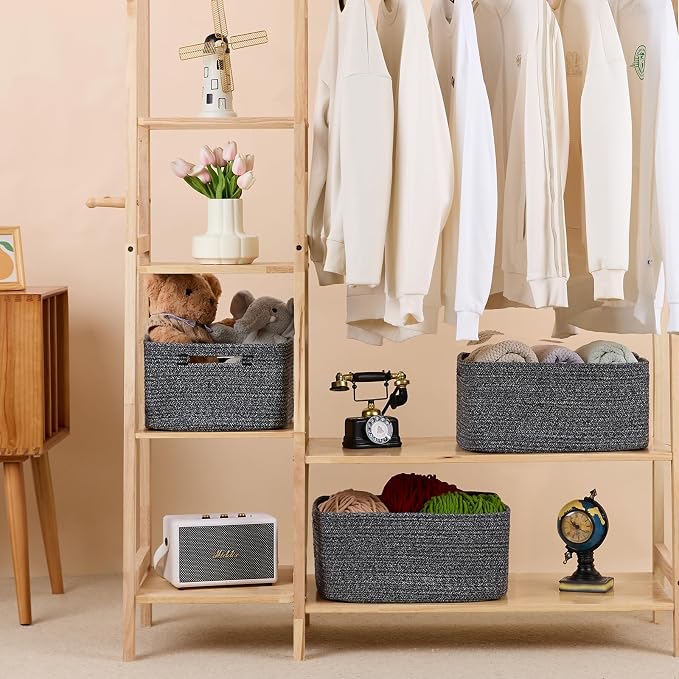 MiniArk Large Storage Baskets for Shelves, 17 x 13 x 7.5” Closet Organizers Bins for Clothes Blanket Towels, Baby Nursery, Toy Baskets Box, Woven Rope Baskets, 2 Packs Dark Gray