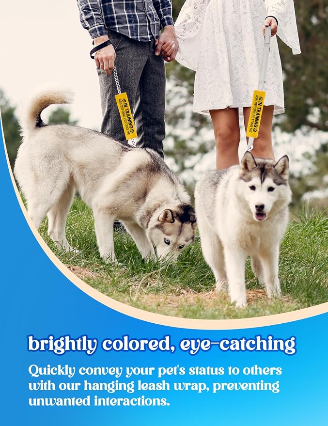 in Training Dog Leash Sleeve - Funny Yellow Alert Wrap with Hanging ID Patch | Ask Before Petting Service Dog Accessory, Perfect Pet Birthday Gift for Dog Owners