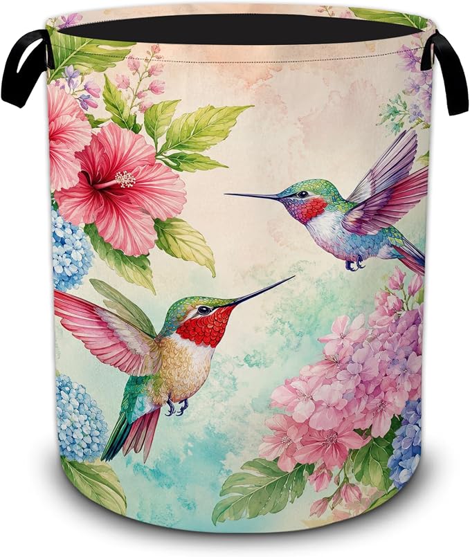 Hummingbird Laundry Basket,Hibiscus Hydrangea Foldable Oxford Laundry Hamper with Handles,Collapsible Clothes Storage Bucket Tote Bag for Laundry Room,Bathroom,Bedroom,Dorm