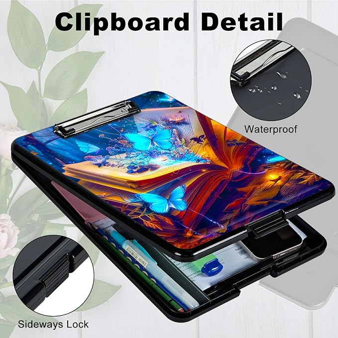 Book Blue Butterfly A4 Clipboard with Storage Pen Holder, Clipboards Organizer Nursing Clipboard Foldable File Folder Plastic Clipboard Folio Clip Board for Office Students Classroom Doctor