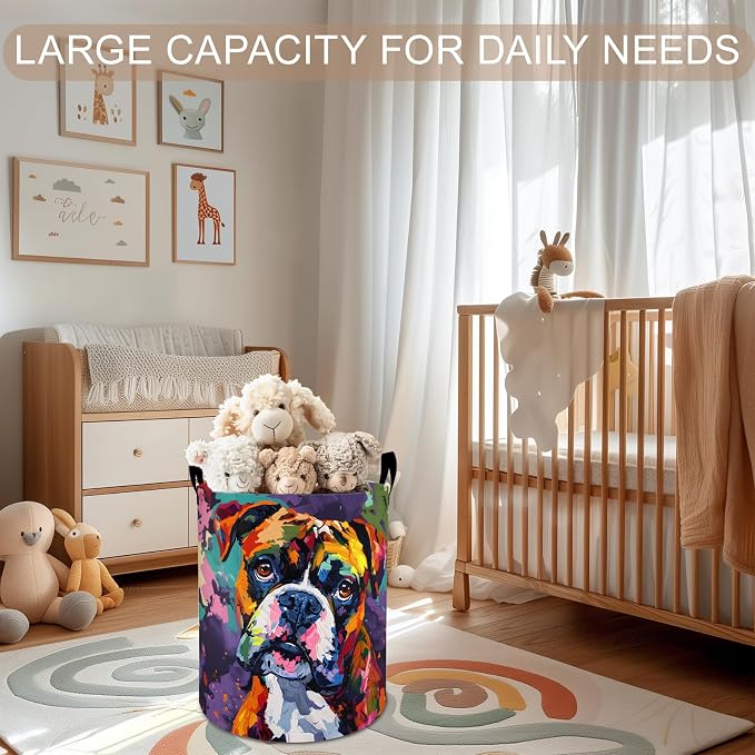 Boxer Dog Laundry Basket Hamper 19.7"x15.8", Colorful Pet Foldable Waterproof Oxford Clothes Storage Bucket for Room Bathroom Bedroom Nursery Decor, Toy Organizer Bins Gifts for Kids Boys Girls