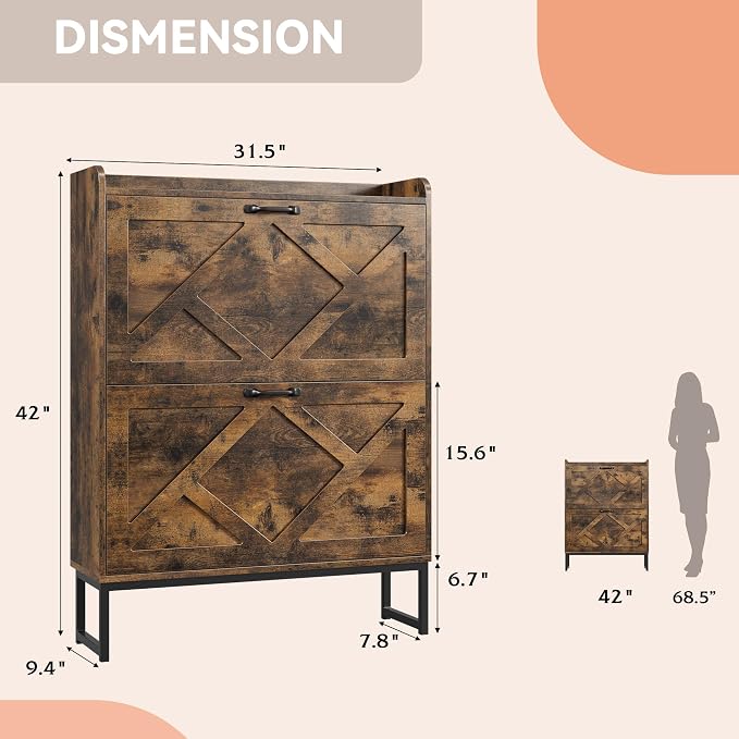 Shoe Storage Cabinet with 2 Flip Drawers, Freestanding Wood Shoe Organizer with Metal Legs, Farmhouse Slim Shoe Rack for Entryway, Foyer, Hallway, Rustic Brown