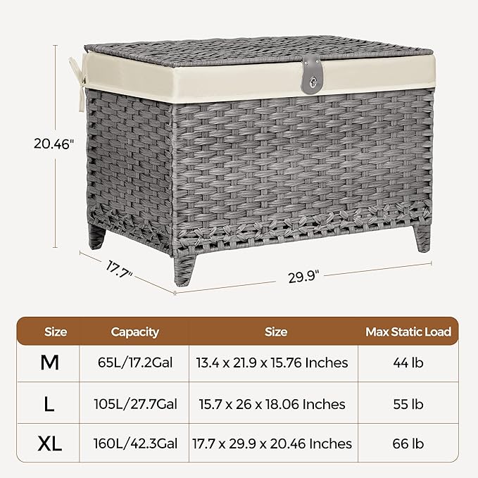Wicker Storage Basket with Lid, 160L Shelf Basket with Removable Liner Bag | Rattan-Inspired Woven Design, Elevated Feet, Storage Trunk for Wardrobe, Bedroom & Home Organization