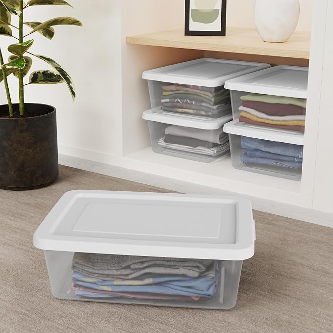 Sterilite Storage Box Stackable Tote, White, 12 Quart, 12 Pack | Clear Plastic Container with Secure Snapping Lids for Home and Office Organization