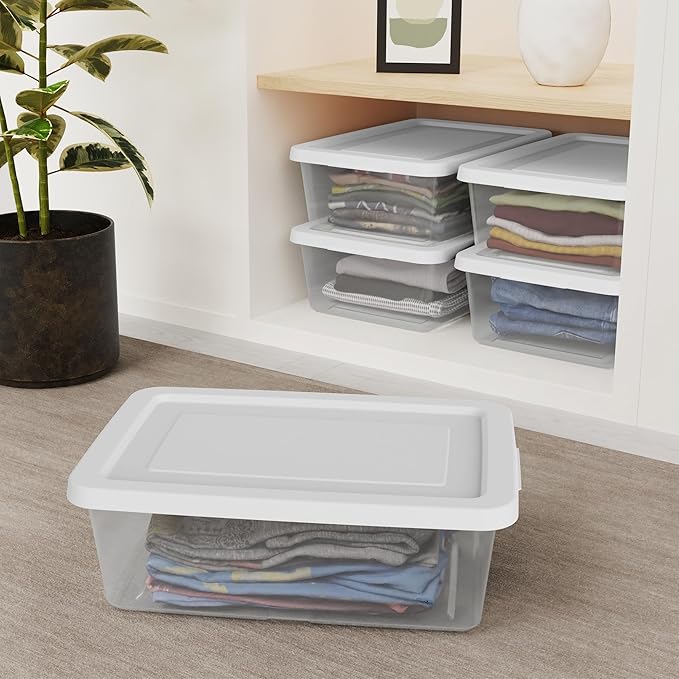 Sterilite Storage Box Stackable Tote, White, 12 Quart, 36 Pack | Clear Plastic Container with Secure Snapping Lids for Home and Office Organization
