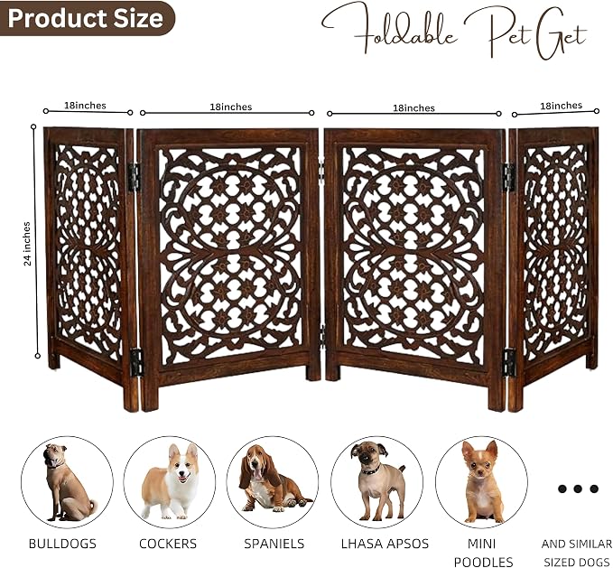 Lightnpro 4-Panel Wooden Dog Gate – 72 Inch Extra-Wide Foldable Freestanding Pet Barrier, Rustic Burnt Finish Indoor Safety Fence for Small Dogs & Puppies – 24x18 Inch Panels