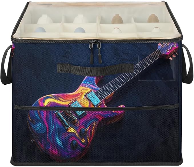 TropicalLife Colorful Guitar Shoe Organizer for Closet | Music Theme Foldable Shoe Storage Organizer Box Bin with Adjustable Dividers and Clear Cover, Fits up to 16-32 Pairs
