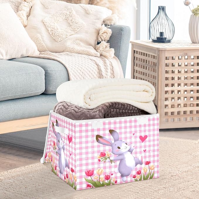 Rabbit Garden Fabric Storage Bins with Lid Closet Storage Basket 40L | Decorative Storage Boxes, Dust-Proof Flip Top, Reinforced Handles, For Home & Bedroom, Clothes & Toy Box, Rabbit Cute Print