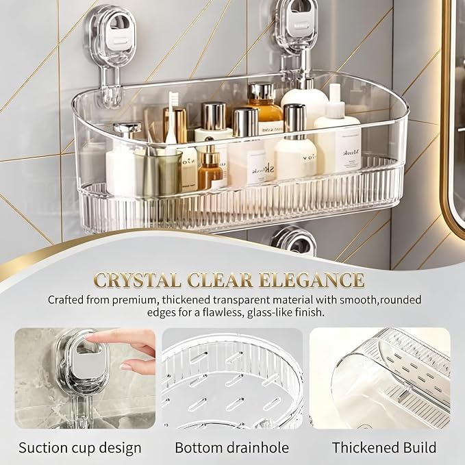 No Drill Clear PET Lock Suction Storage Caddy with Drain Holes | Lockable no-drill suction cups, drain hole PET basket, fits marble, glass, tile & smooth metal walls.