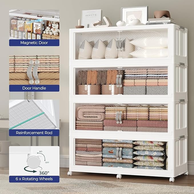 240GAL Plastic Storage Bins with Lid, 960QT Extra Large Stackable Closet Organizers and Storage, Collapsible Storage Boxes with Wheels, Folding Cabinet for Home Kitchen Office, 4Pack White