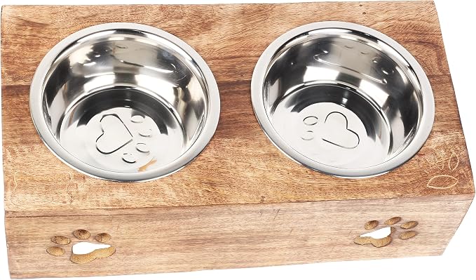 Wooden Dog Cat Pet Feeder Station Stand with 2 Stainless Steel Bowls | Raised Cat Bowl Dogs Bowl Elevated Cat Dog | Pet Dining Table for Cats and Puppy | 16 x 8.5 x 5 Inches