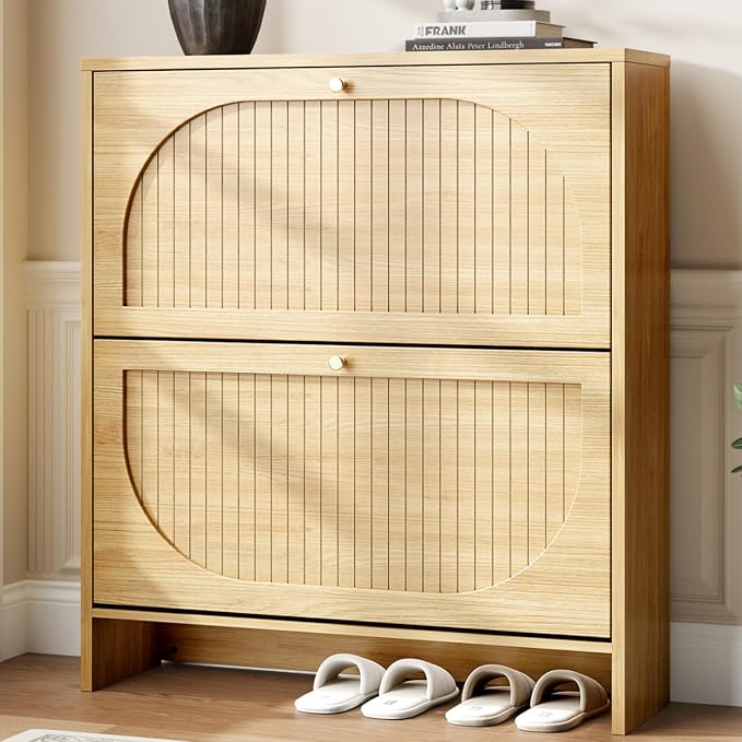 Arch-Chic Shoe Cabinet for Entryway, Modern Mid-Century Shoe Storage Cabinet with Fluted, Narrow Shoe Rack with Adjustable Shelves & Tipping Protection, Fits Men's Size 12+ Shoes