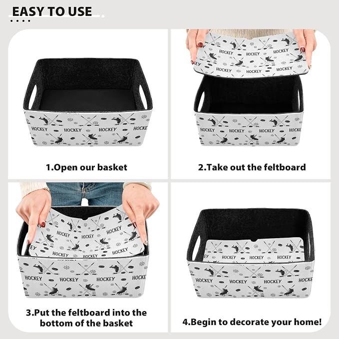 Emelivor Ice Hockey Black Storage Basket Bins Set (2pcs) Felt Foldable Storage Bins with Fabric Rectangle Basket for Organizing for Organizer, Closet, Shelves, Office