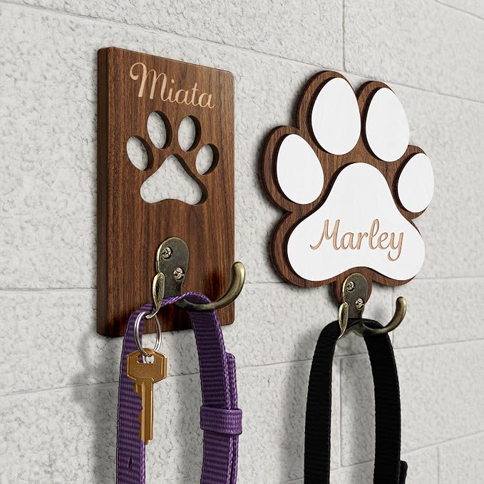 Personalized 2 Pack Dog Leash Holder for Wall Mount, Custom Name Paw Print Wooden Hook, Dog Collar and Harness Organizer, Key and Leash Holder for Entryway, Gift for Dog Lovers