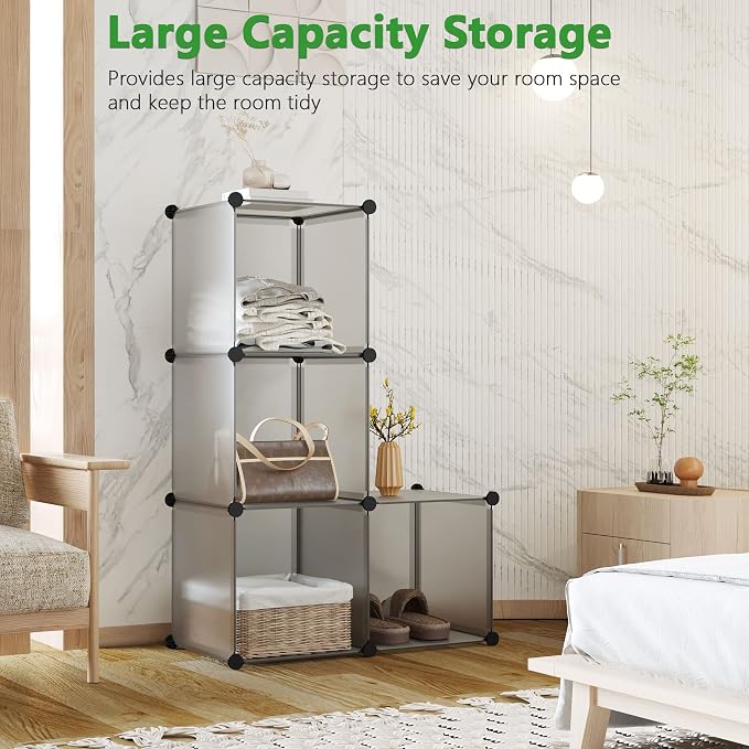 C&AHOME Plastic Cube Storage Organizer, 4-Cube Shelves Units, Grey | DIY Modular Bookshelf, Portable Closet Organizers and Storage Ideal for Bedroom, Office, 24.8" L x 12.4" W x 24.8" H