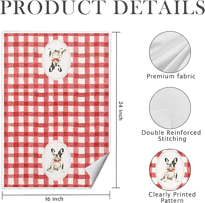 Red Plaid French Bulldog Kitchen Towels 16x24 Inch, French Bulldog Gifts Decorative Hand Towels for Bathroom, Red Checkered Frenchie Dog Dish Tea Towel Drying Cloth