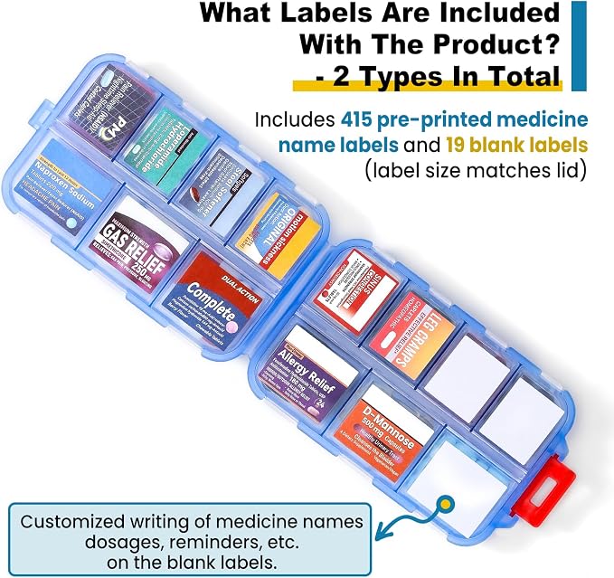 14 Grids Travel Pill Organizer Box with 415-Pcs Medicine Name Labels - Pocket Daily Pharmacy Case Container Kit - Travel Medication Holder Dispenser for Fish Oil Vitamin Supplement Storage -Clear Blue