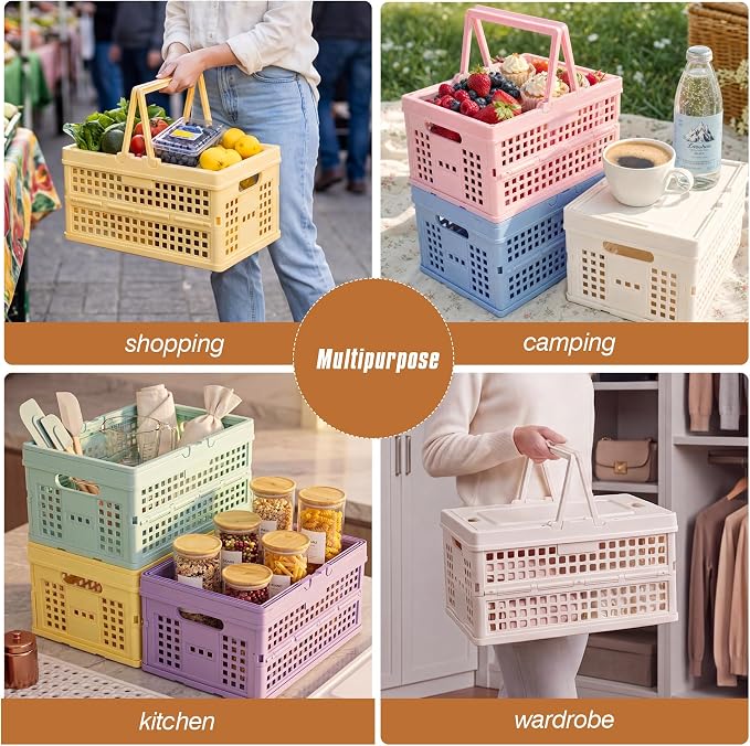 Collapsible Storage Crate, Foldable Plastic Basket with Lid and Handle, Foldable Storage Box Crate Bin for Home Kitchen Office Bathroom Bedroom Pantry (Green-Hollow)