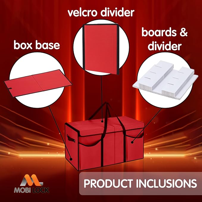 Christmas Ornament Storage Box with Dividers & Pockets - Holiday Ornament Organizer Bag - Holds 128 Balls - Durable Red Fabric Container with Handles - Foldable Xmas Decorations Storage - by Mobi Lock