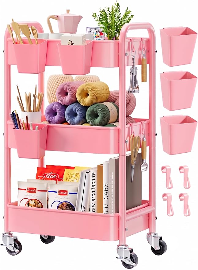 3 Tier Rolling Cart Metal with Lockable Wheels, Pink Three Tiered Diaper Caddy Cart Organizer on Wheels, Storage Utility Trolley Carts for Craft, Art, Nail, Lash, Baby Supplies, Cleaning, Mesh