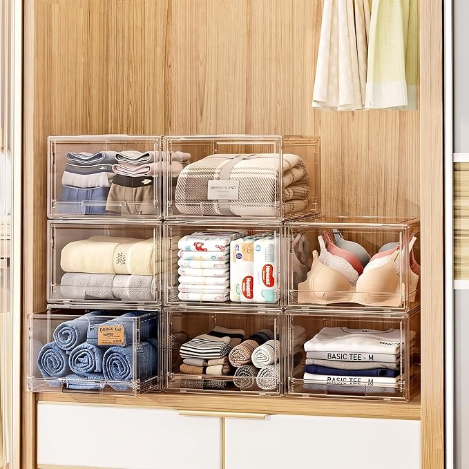 Large Clear Stackable Storage Drawer Organizer for Closet, 3 Pack | Easy Assemble, Plastic Drawer Organizer, Closet Storage Bins, Dustproof Underbed Organizer for Underwear, T-shirt, Clothing