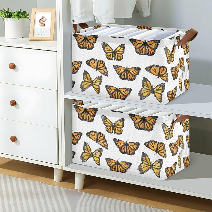 Watercolor Monarch Butterfly Storage Basket Foldable Cube Storage Bins with Handles&Label Waterproof Collapsible Organizer Box Bin Large Rectangle Decorative Baskets for Shelves Home Room Laundry