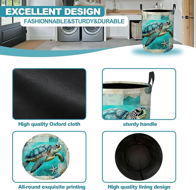 Laundry Basket,Sea Turtle Beach Foldable Clothes Hamper with Handles,Coastal Ocean Waterproof Oxford Cloth Storage Organizer for Bedroom Bathroom College Dorm,16" x 20"