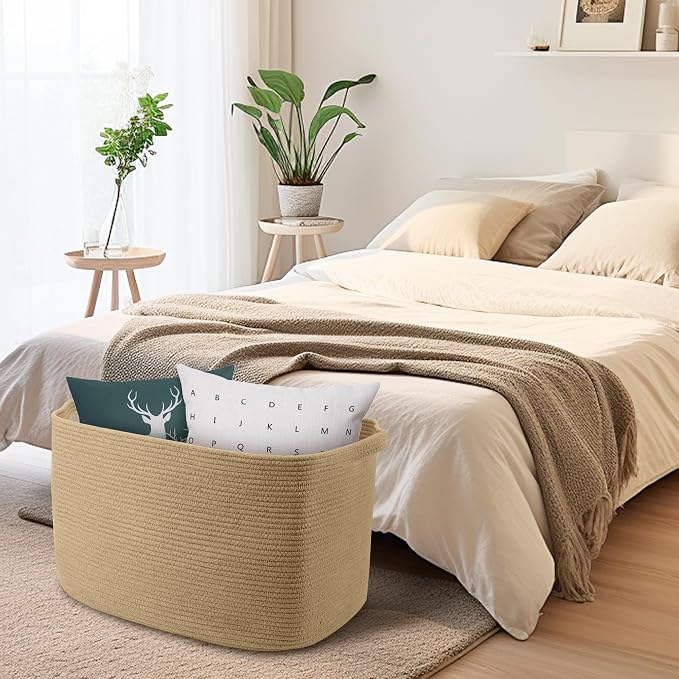 Large Jute Rectangle Rope Basket, 23.6" x 17" x 12" Blanket Storage for Living Room, Pool Towel Basket, Woven Baby Floor Laundry Hamper for Clothes, Toy Storage Bin, Bathroom Towel Storage