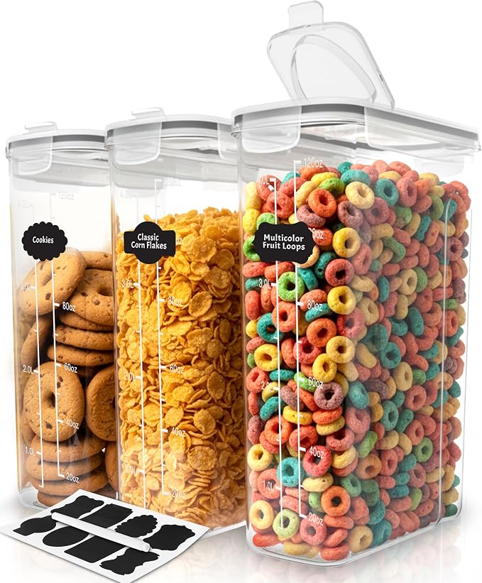 Utopia Kitchen Cereal Containers Storage Set with Lids, 3 Pack, 4L, Clear | Airtight Food Storage Containers with Lids, BPA-Free Cereal Dispensers for Pantry Organization and Storage