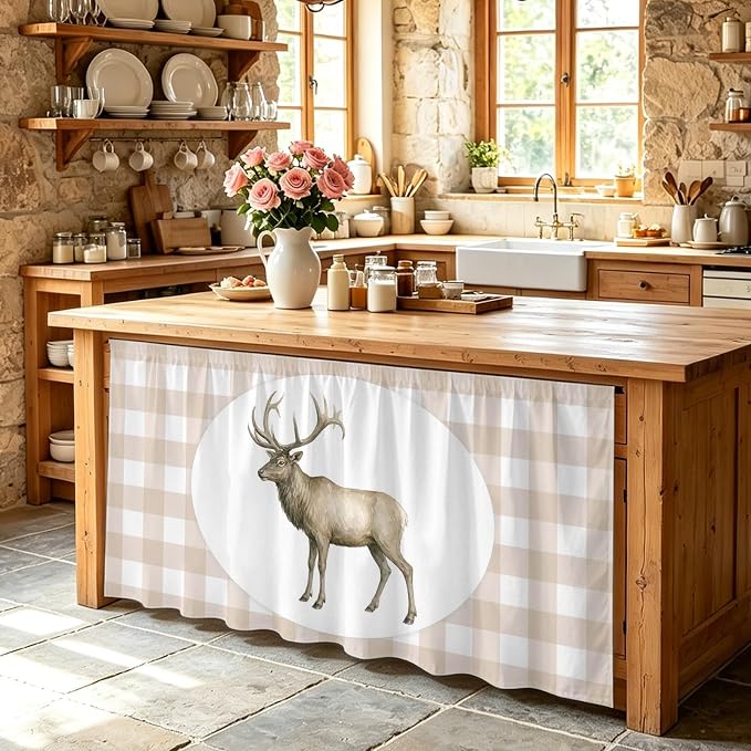 Majestic Buck Cabinet Curtains 28"x51" Sink Skirt for Bathroom Kitchen, Modern Natural Buck Rustic Farmhouse Plaid Self Stick Adhesive Under Desk Covers Tall Laundry Cabinet Storage Organizer