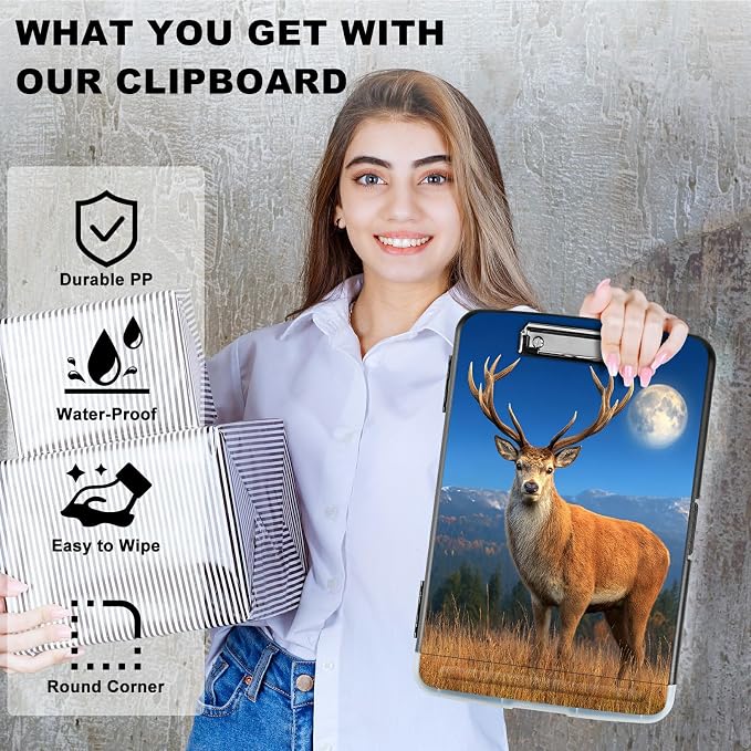 A4 Clipboard with Storage Pen Holder, Clipboards Organizer Nursing Clipboard Foldable File Folder Plastic Clipboard Folio Clip Board for Office Work Classroom Doctor, Grassland Deer