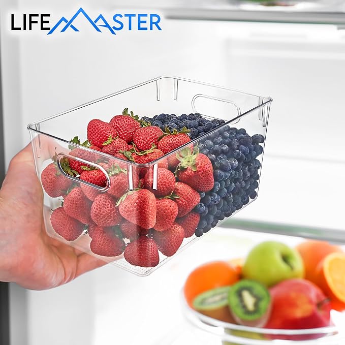Lifemaster Stackable Refrigerator Bins - Set of 10 Large Capacity Organizers with Easy Grip Handles - Clear and Versatile for Kitchen Storage