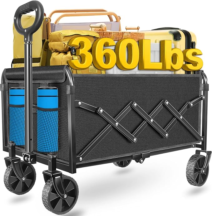Collapsible Wagon Cart with Wheels, Compact 360 lb Folding Cart,Pitch Black | Portable utility wagon for groceries, shopping, camping, garden, sports, picnics, laundry, apartment errands and small hauls