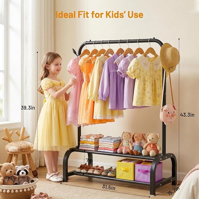 Kids Clothes Rack for Ages 3-6, Montessori Kids Clothing Rack, Black | Kids Dress up Rack with 2 Fabric Storage Shelves & Hooks, Toddler Dress Up Rack for Costumes, Princess Dresses and Shoes