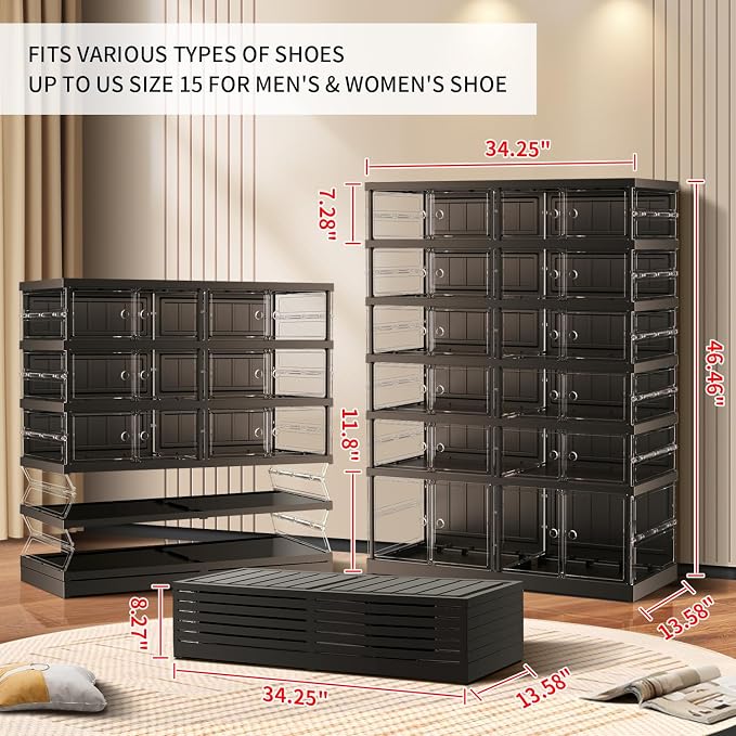 CIMLORD 6-Tier Foldable Shoe Rack, Magnetic Clear Doors, 24 Pairs, Black | Collapsible Large Plastic Shoe Cabinet, Stackable, Lidded, Tool-Free Assembly, Fits Boots & Sneakers, Closet & Entryway