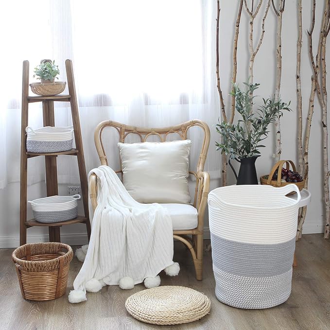 Sea Team Large Woven Cotton Rope Laundry Basket with Handles, 20 x 14 in | Collapsible Knitted Hamper, Closet Shelf Organizers, Containers for Clothing, Blankets, Toys, Bedding, Mottled Gray