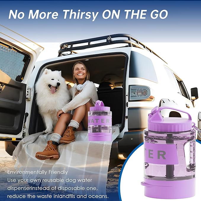 77oz Dog Water Dispenser, 2.2L Large Portable Dog Water Bottle with Pull-Out Drinking Bowl, BPA Free Leak-Proof Pet Travel Water Container for Camping, Hiking, Beach, Car Travel Essentials- Purple