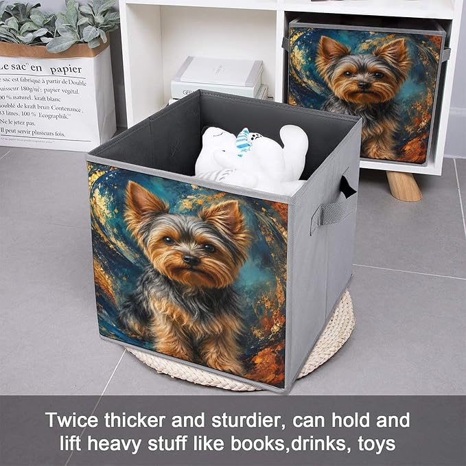 Yorkie Dog Art Print Storage Bin with Handles, Oxford Fabric Foldable Storage Cube Organizer for Clothes, Towels, Bedroom, Living Room, Home Organization