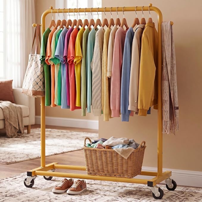 Sywhitta Metal Clothing Rack on Wheels with Bottom Shelf,Gold Yellow | Rolling Garment Rack for Hanging Clothes, Coats, Skirts, 39.76" L x 16" W x 63.78" H,Space-Saving Mobile Organizer for Closet