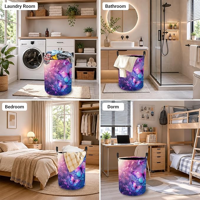Butterfly Fantasy Laundry Basket, Foldable Oxford Cloth Purple Blue Laundry Hamper with Handles, Tote Bag Clothes Storage Bucket for Laundry Room/Bathroom/Bedroom/Dormitories 20.8"x16"