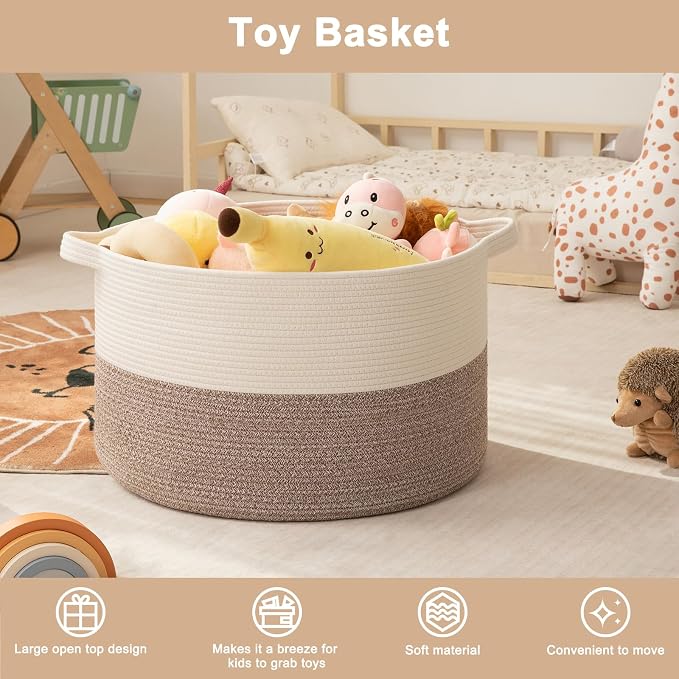 OIAHOMY 115L Extra Large Blanket Basket for Living Room, 23.6" x 15.4" Woven Cotton Rope Laundry Basket for Organizing Pillows, Decorative Stuffed Animal Toy Storage for Nursery, White and Linen Brown