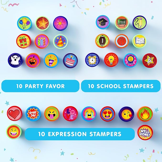 JOYIN 50 Pcs Assorted Stamps for Kids - Self-Ink Stamps with 50 Designs for Birthday Party Favor, Carnival Prizes, School Stampers, Goodie Bag, Classroom Treasure Box Toys (Zoo, Holiday Stampers)